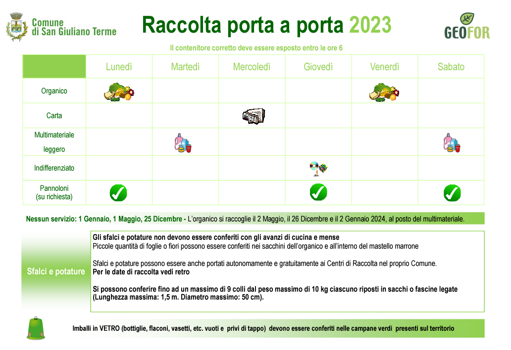 Calendario raccolta Porta a Porta e Sfalci e Potature 2023 Comune di